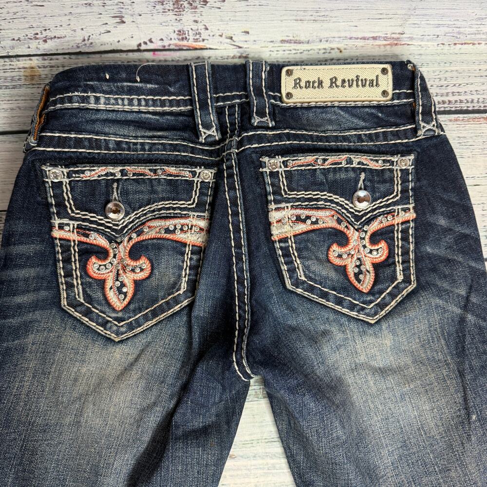 Rock Revival Jeans Women's 25 Dark Wash Skinny Rhinestone Fleur De Lis Y2K